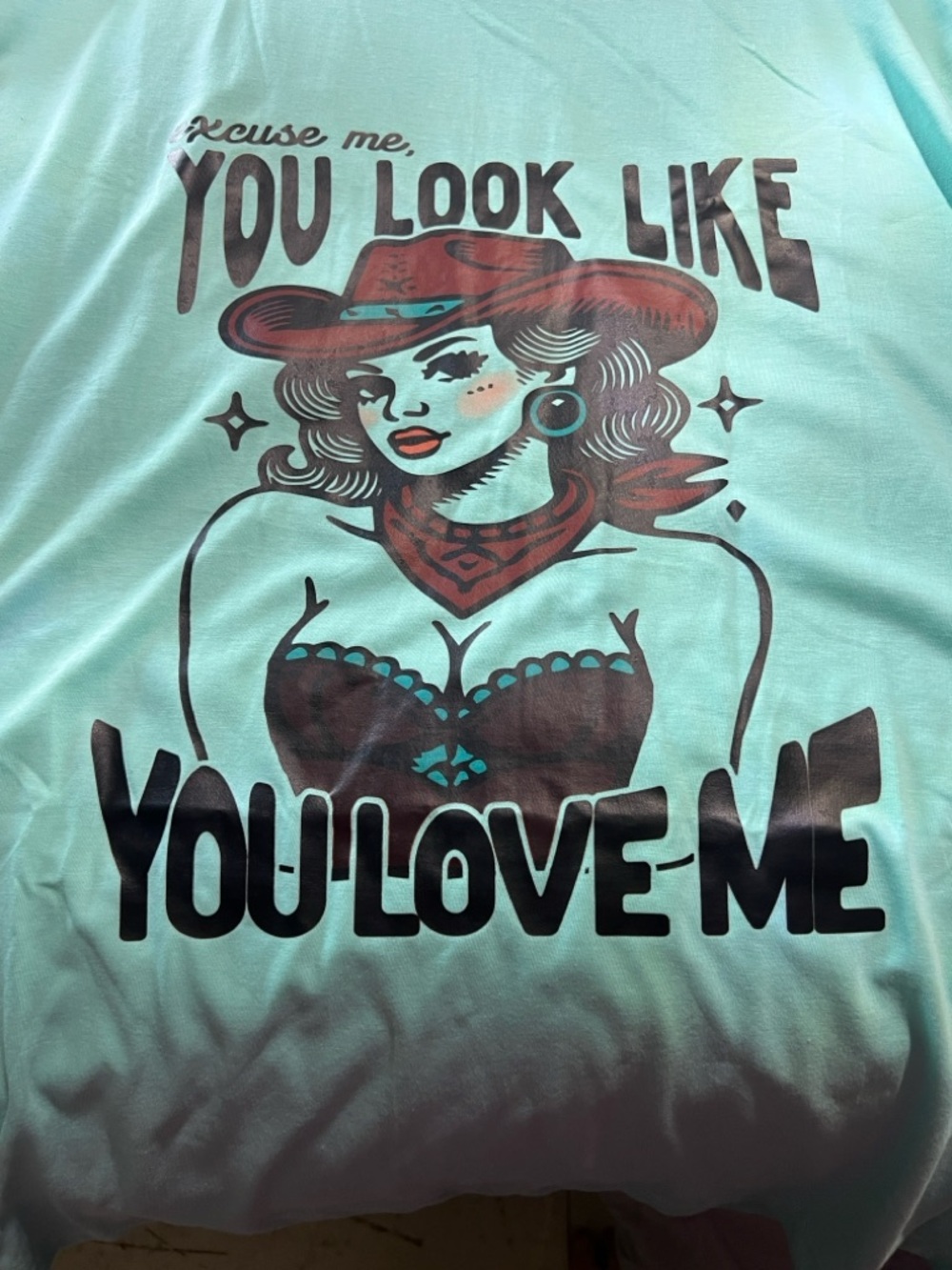 Aqua Graphic Cowgirl Tee - Bold Black & Brown Print